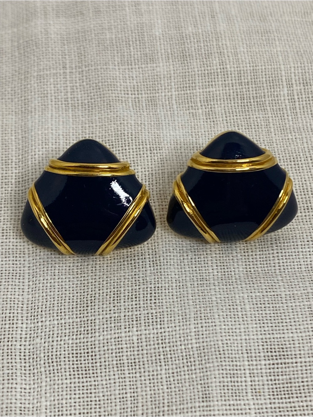 Vintage Napier Earrings Navy Blue Enamel Gold Tone Geometric Pierced Stud Signed